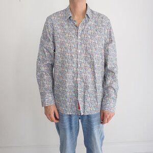 English Laundry White Blue Floral Cotton Luxury Button Up Dress Shirt Medium